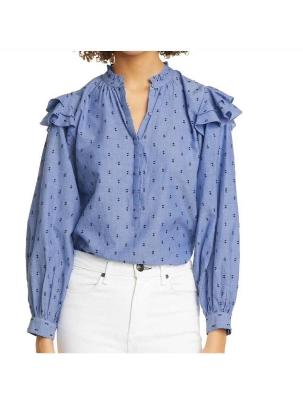 Joie Idonian Clip Dot Chambray Embroidered Long Sleeve Ruffle Blouse